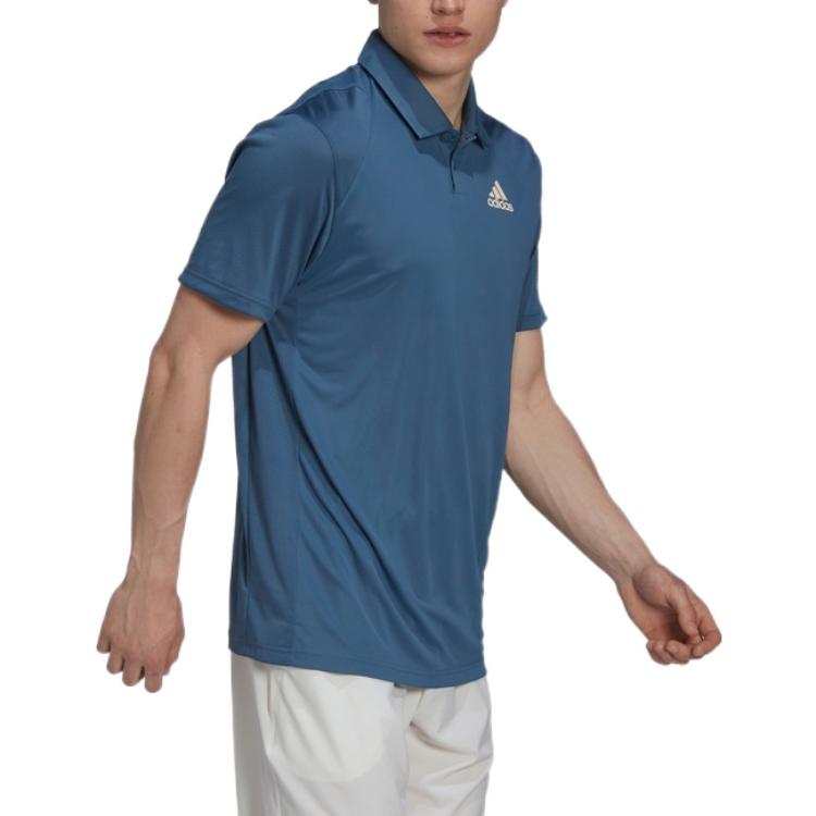 Men's adidas Solid Color Logo Printing Short Sleeve Blue Polo Shirt HN3911