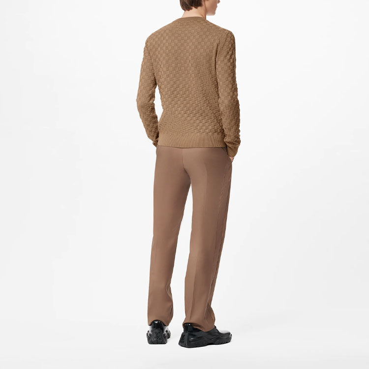 Men's LOUIS VUITTON FW21 Iconic Grid Round Neck Long Sleeves Brown T-Shirt 1A9A0L