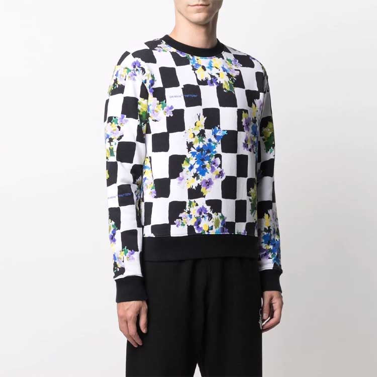 Off-White FW21 Flowers Printing Plaid Round Neck Pullover Version Black OMBA025S21FLE0188400