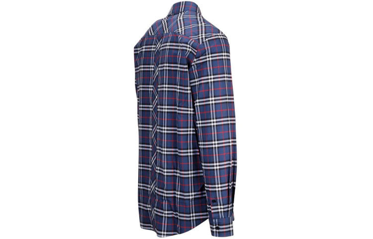 Men's Burberry Cotton Plaid Shirt Navy Blue 80175621