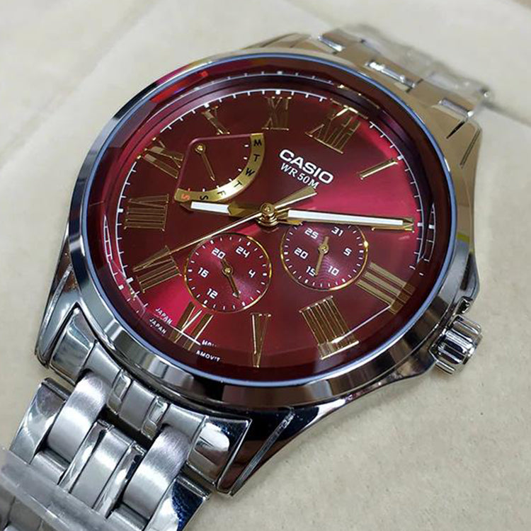 Men's CASIO Waterproof Date Display Quartz Red Dial 41mm Stainless Steel Strap Watch Analog Mens MTP-E311DY-4AVDF