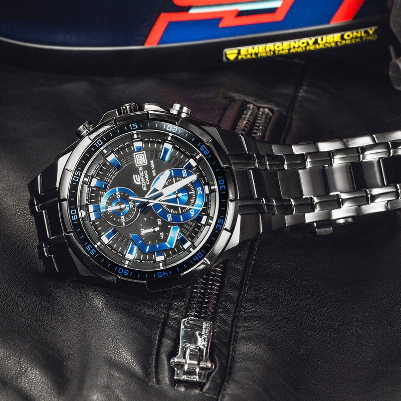 Men's CASIO EDIFICE Stainless Steel Strap Blue Watch Mens Black Analog EFR-539BK-1A2V
