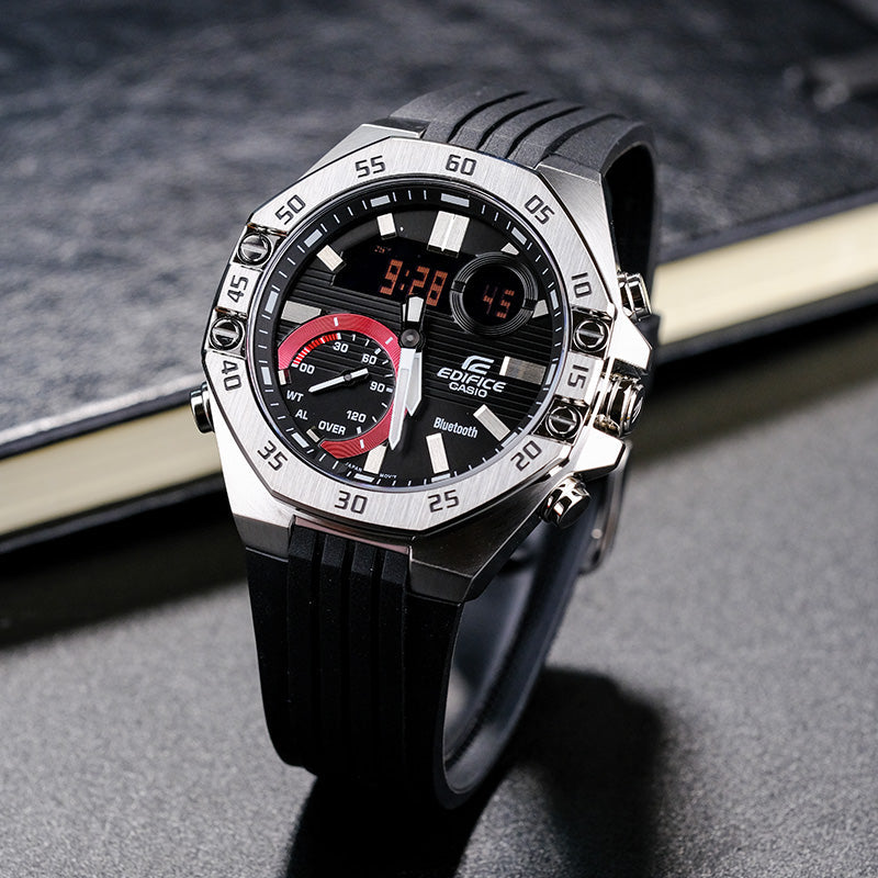CASIO Bluetooth Waterproof EDIFICE Sports Sapphire Crystal Quartz Solar Powered Mens Silver Analog/Digital Combo ECB-10YP-1APR
