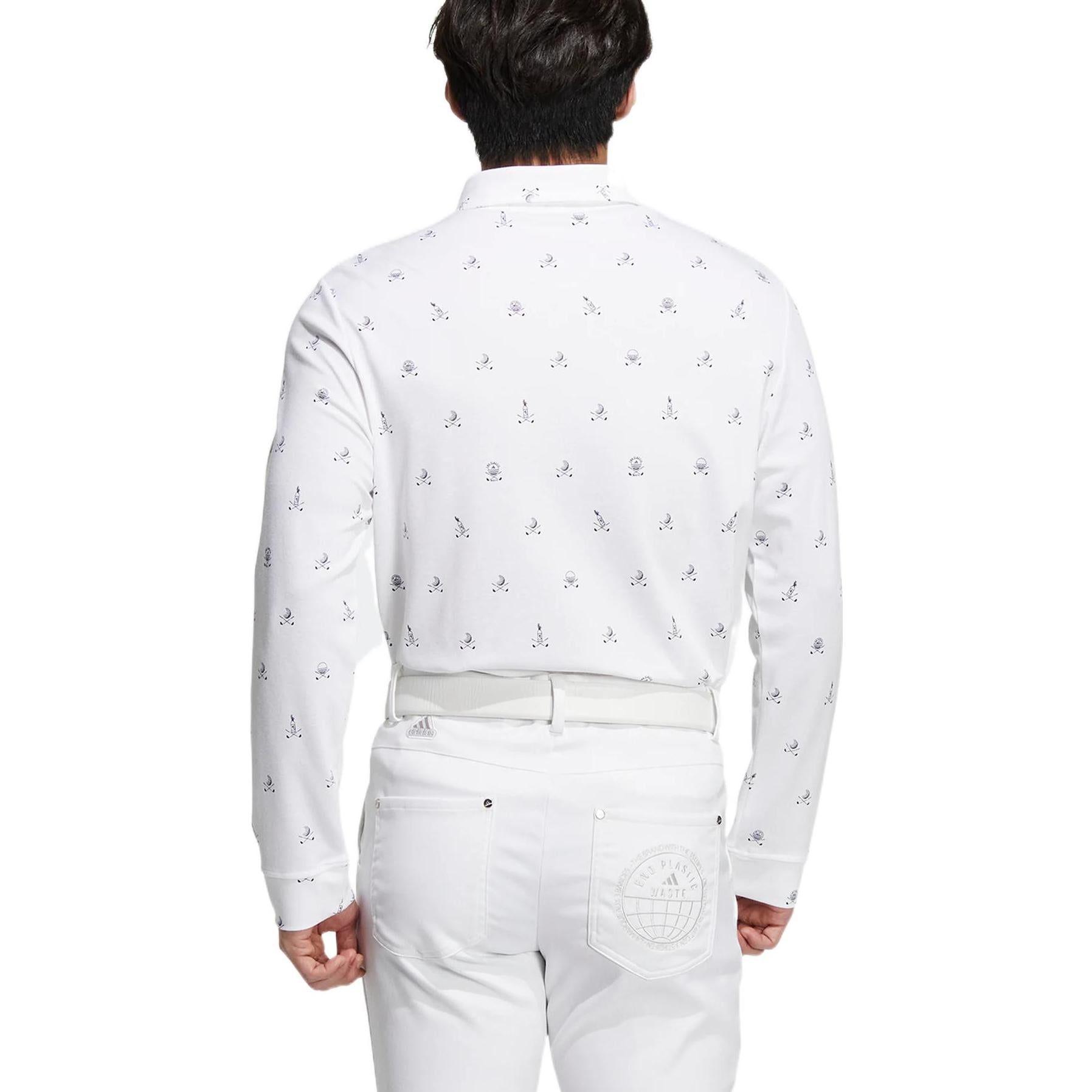 Men's adidas Pg Monogram Ls Pattern Full Print Golf Sports Long Sleeves White Polo Shirt HG5793