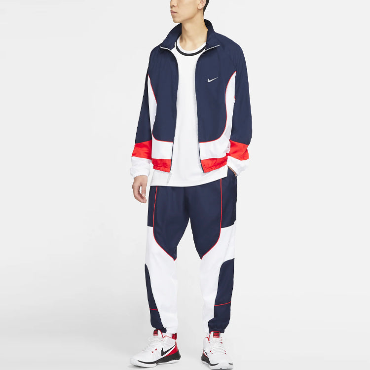 Nike Throwback Basketball Sports Loose Splicing Bundle Feet Woven Long Pants Large Deep Blue Dark blue CV1915-419