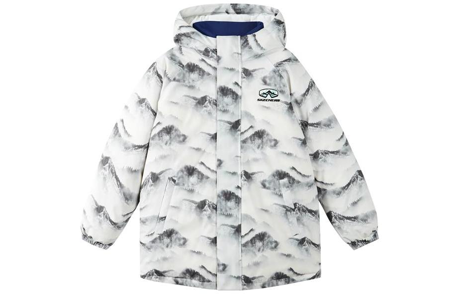 (GS) Skechers Full Print Mountain 3-In-1 Hooded Down Jacket 'White Blue' P422B047