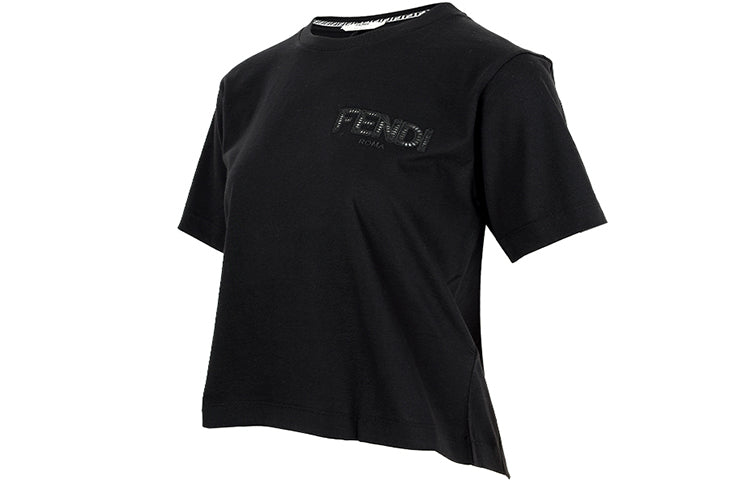 FENDI SS21 Logo Printing Pattern Round Neck Short Sleeve Black T-Shirt FS7389AFLTF0GME