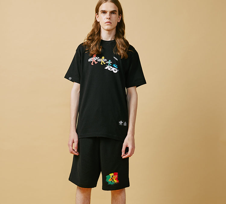 PJ's Vigor Multi-Color Surf Grid Pattern Printing Short Sleeve Unisex Black 20SSTS1024-P