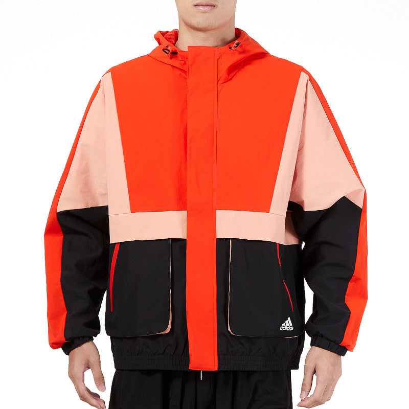 adidas Loose Logo Casual Contrasting Colors Woven Windproof Hooded Jacket Orange H40212