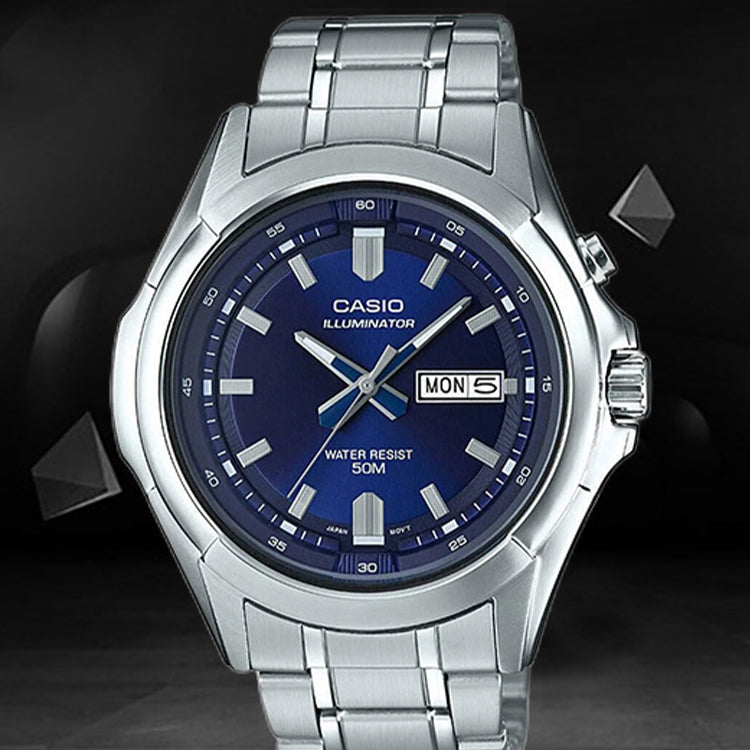 CASIO Waterproof Quartz Date Display Led Lighting Blue Dial 46mm Stainless Steel Strap Watch Silver Analog MTP-E205D-2AVDF