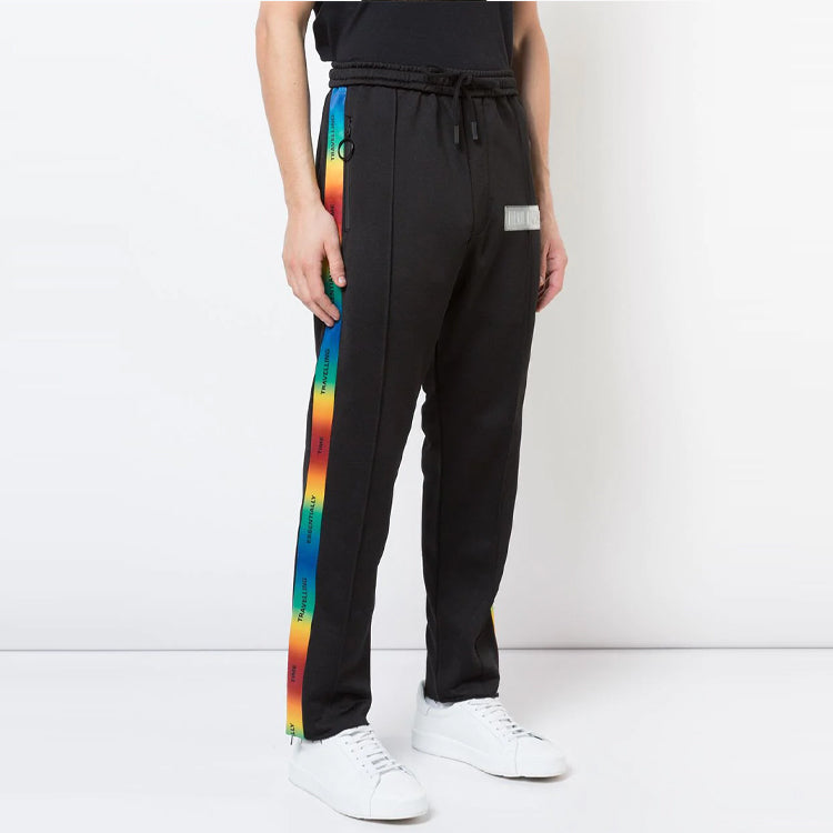 Men's Off-White Drawstring Waist Side Stripe Drawstring Casual Pants/Trousers Loose Fit Black OMCH005S188821391088