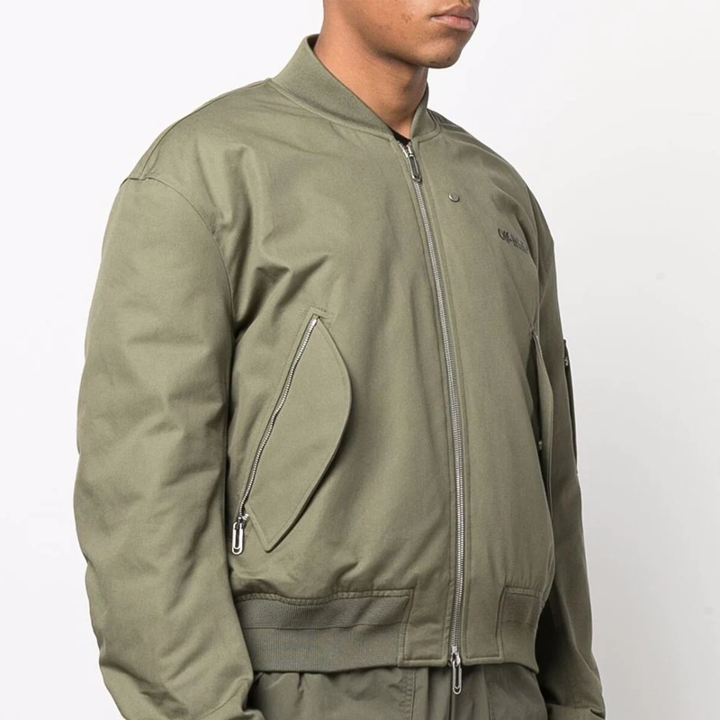 Men's Off-White SS22 Logo Embroidered Ribbed Collar Aviator Jacket Military Green OMEH040S22FAB0015610
