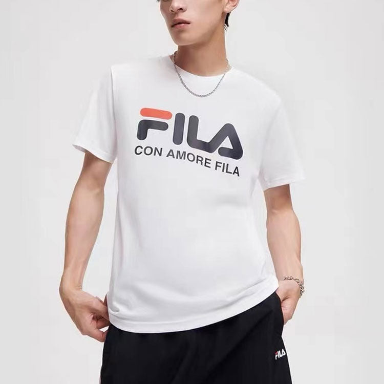 Men's FILA FUSION Round Neck Breathable Sports Knit Casual Short Sleeve White T11M829150B-WT