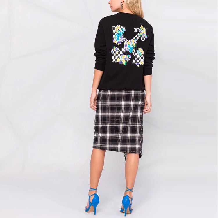 (WMNS) Off-White SS21 Plaid Flowers Printing Round Neck Long Sleeves Black Hoodie OWBA055S21JER0021001