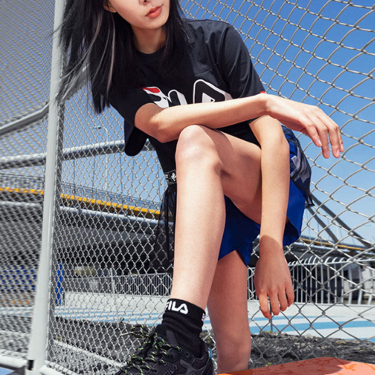 FILA FUSION Logo Printing Mesh Splicing Loose Short Sleeve Dark Black T-Shirt T11W135101F-BK