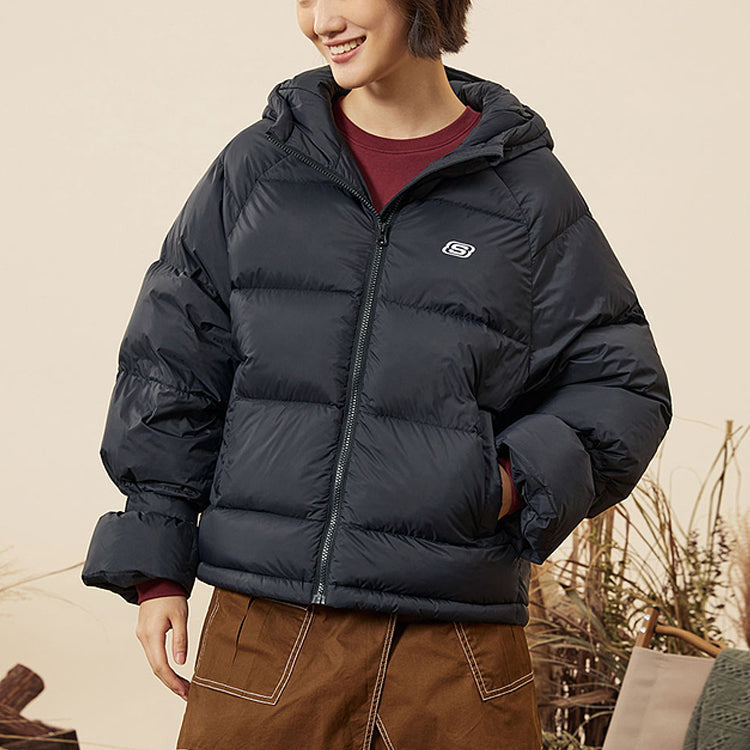 (WMNS) Skechers Zip-up Hooded Long Sleeve Down Jacket 'Black' L421W113