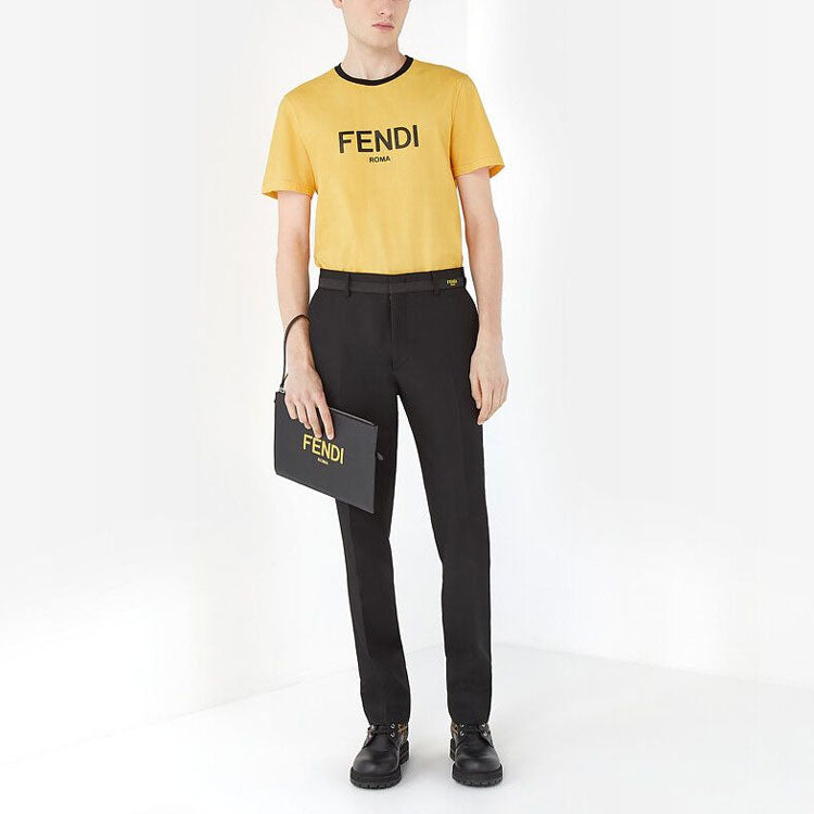 Men's FENDI SS21 Casual Solid Color Alphabet Printing Short Sleeve Yellow FY0894AE00F0ZRC