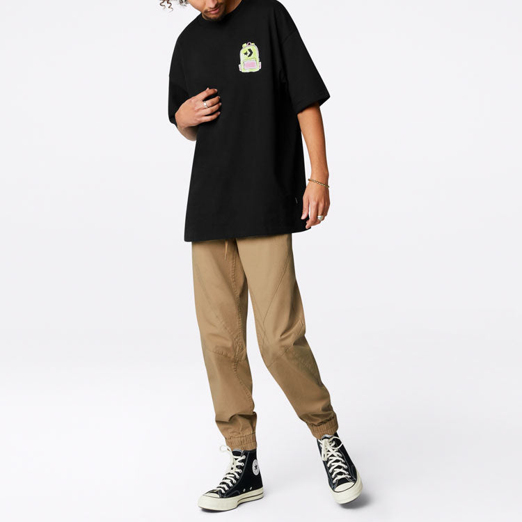 Converse Back Graffiti Cartoon Printing Loose Casual Round Neck Short Sleeve Black 10022038-A04