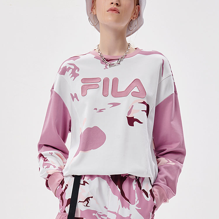 (WMNS) FILA FUSION Camouflage Contrasting Colors Loose Round Neck Pullover Hoodie Pink T11W133202F-PK