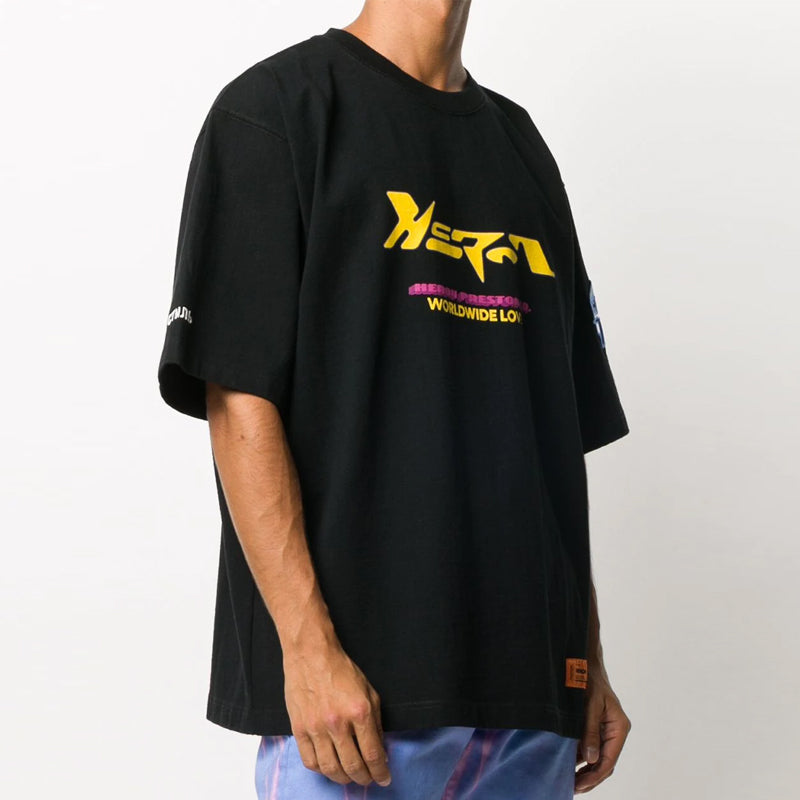 Men's HERON PRESTON Logo Printing Loose Short Sleeve Black HMAA019F20JER0021016