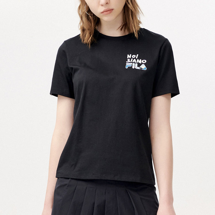 FILA FUSION Alphabet Printing Round Neck Tennis Short Sleeve Dark Black T-Shirt T11W121109F-BK