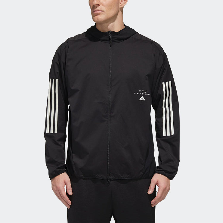 Men's adidas Logo Stripe Printing Hooded Jacket Black FM5325