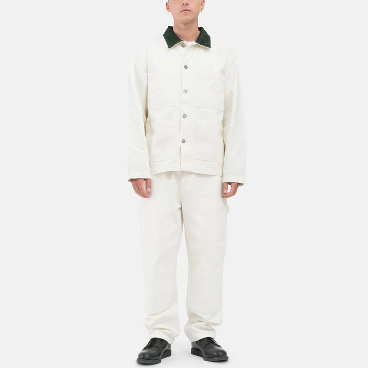 Stussy Cord Collar Canvas Chore Jacket Solid Color Multiple Pockets lapel Unisex White 115592