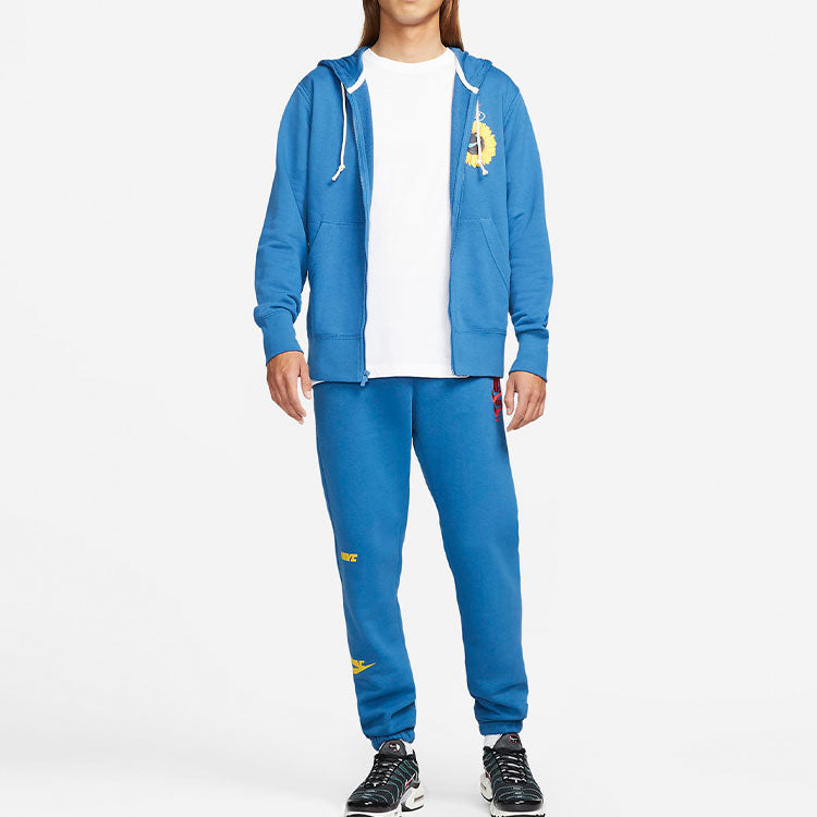 Men's Nike Sunflower Flowers Printing Hooded Zipper Jacket Blue DM4986-407