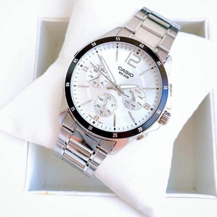CASIO Waterproof Stainless Steel Strap Mens White Analog MTP-1374D-7A