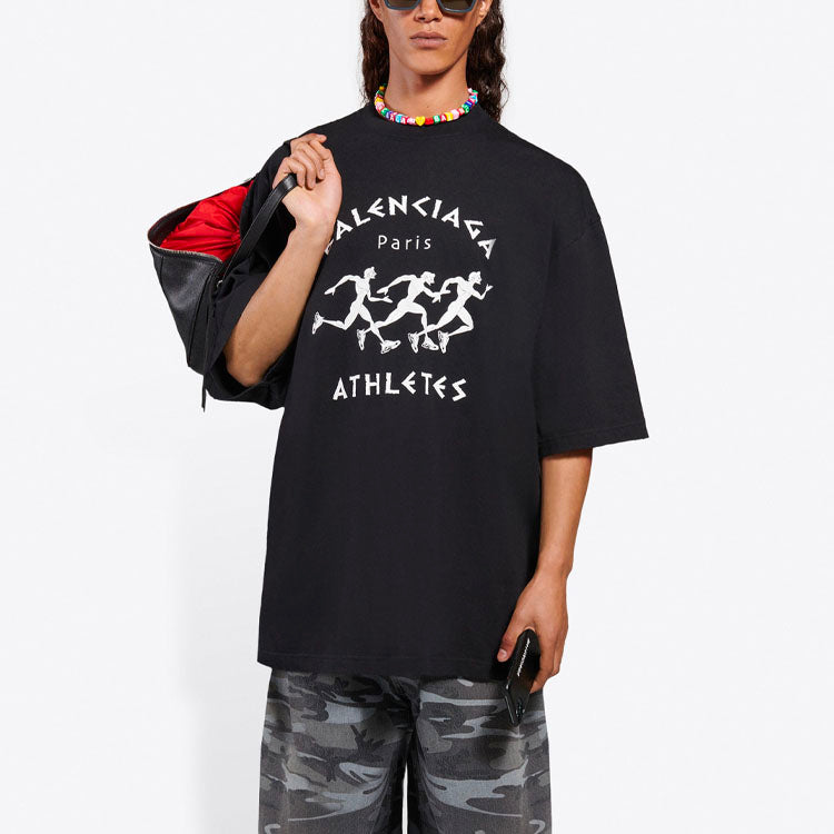 Men's Balenciaga Running Pattern Printing Logo Loose Short Sleeve Black 641614TJVK61070