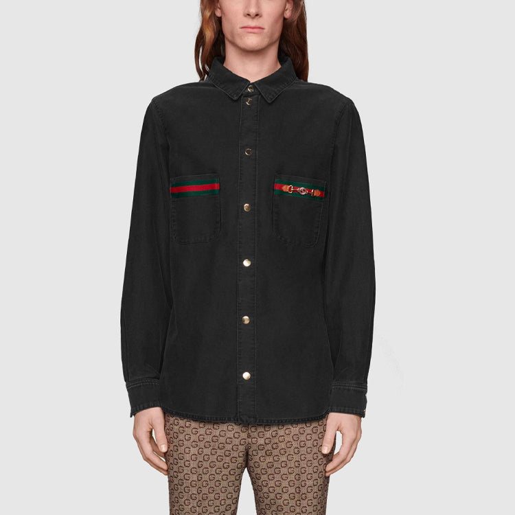 Gucci Washed Organic Denim Shirt With Web 'Black' 626480-XDBJD-1043