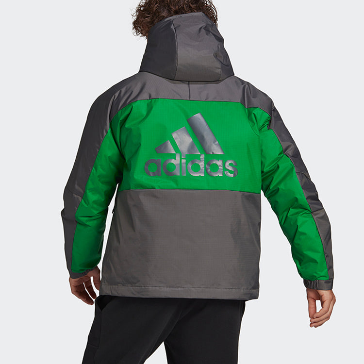 adidas Logo Pattern Splicing Design Loose Long Sleeves Down Jacket Black Green GF0077