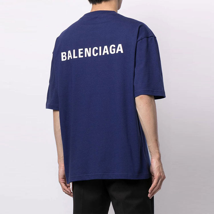 Men's Balenciaga FW21 Logo Round Neck Pullover Short Sleeve Blue 612966TIVG53967