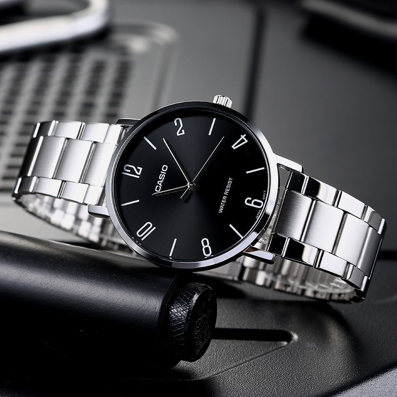 Men's CASIO DRESS Series Black Stainless Steel quartz Casual Watch Analog Mens MTP-VT01D-1B2