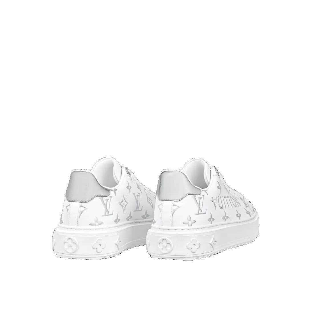(WMNS) LOUIS VUITTON Time Out Sneakers 'White with Silver Monogram and Logo' 1AAVVA