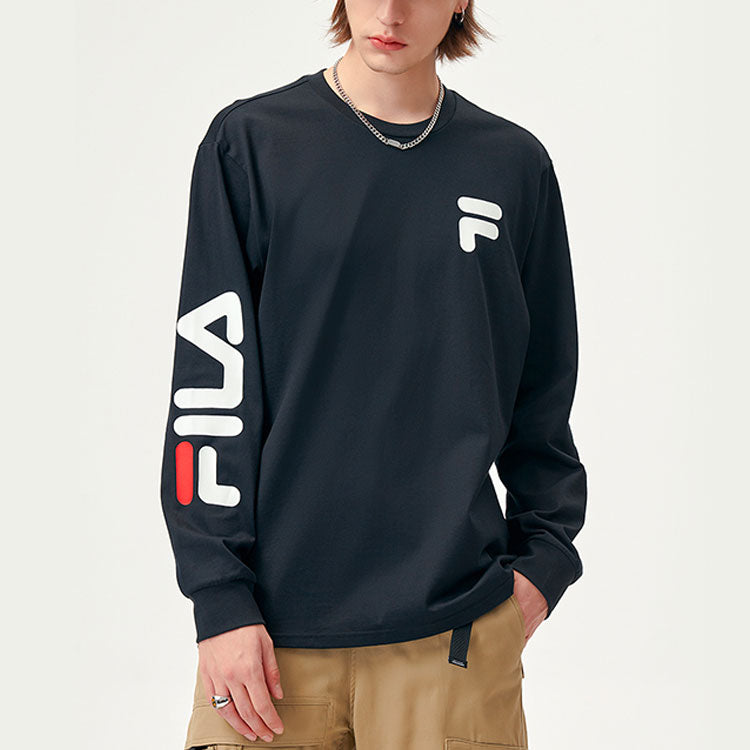 FILA FUSION Logo Printing Knit Loose Sports Round Neck Long Sleeves Couple Style Black T11U156204F-BK