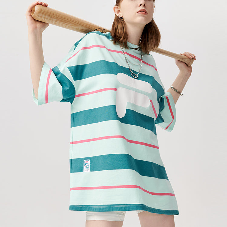 FILA FUSION Contrasting Colors Stripe Loose Sports Short Sleeve Pink Green T11W122114F-TQ