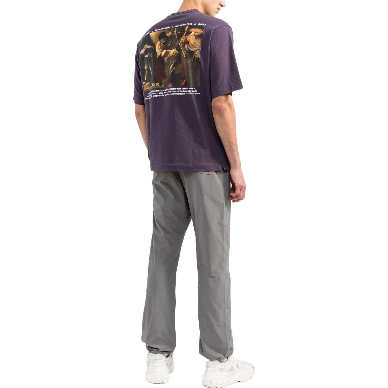 Men's Off-White Chest Logo Back Carravagio Printing Round Neck Short Sleeve Purple T-Shirt OMAA119F22JER0013501
