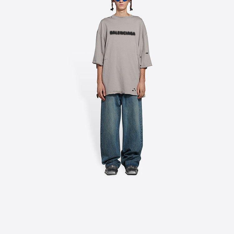 Balenciaga Solid Color Alphabet Printing Hole Round Neck Short Sleeve Unisex Gray 661715TKVD58174
