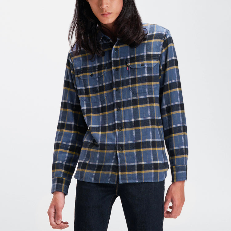 Men's Levis Casual lapel Plaid Long Sleeves Shirt Yellow Blue Plaid 19587-0135