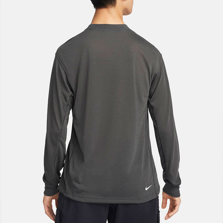 Men's Nike Dri-FIT ACG Solid Color Logo Embroidered Casual Round Neck Long Sleeves Black Smoke Gray T-Shirt DO9270-070