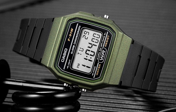 CASIO Waterproof Unisex Mens Black/Green Digital F-91WM-3A