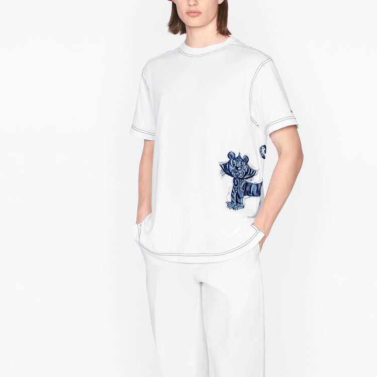 Men's DIOR x Kenny Scharf Crossover SS22 Tiger Embroidered Short Sleeve White 213J646A0677-C085