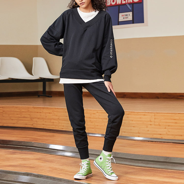 (WMNS) Converse Solid Color Loose Knit V neck Hoodie Black 10022959-A01