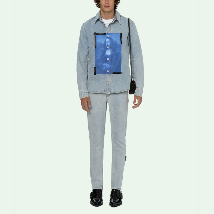 Off-White SS21 Printing Pattern lapel Long Sleeves Denim Shirt Blue OMYD027R21DEN0014001