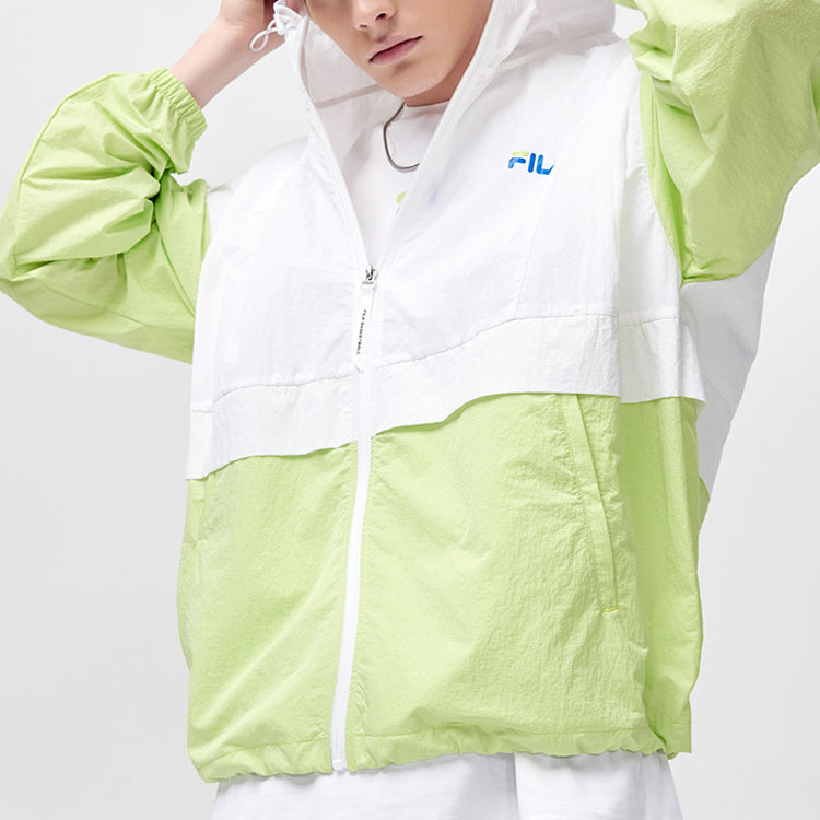 Men's FILA FUSION Splicing Contrasting Colors Thin and light Woven Loose Hooded Jacket White T11M125704F-WT