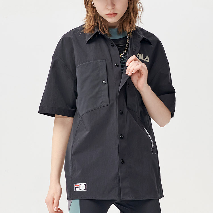 FILA FUSION Logo Printing Cargo Loose Woven Short Sleeve Shirt Couple Style Black T11U126402F-BK