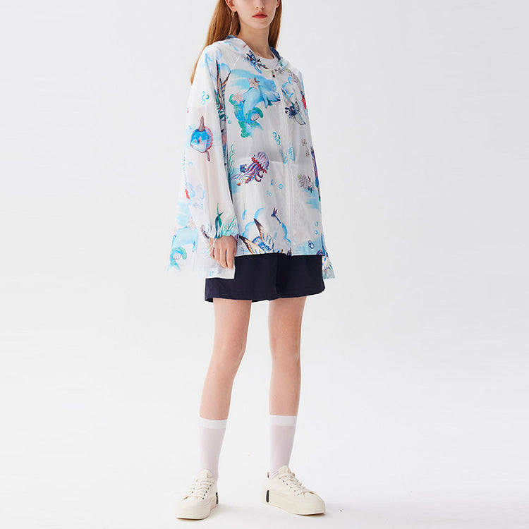 (WMNS) FILA Full Print Loose Woven Hooded Jacket 'White Blue' F11W128702F-WT