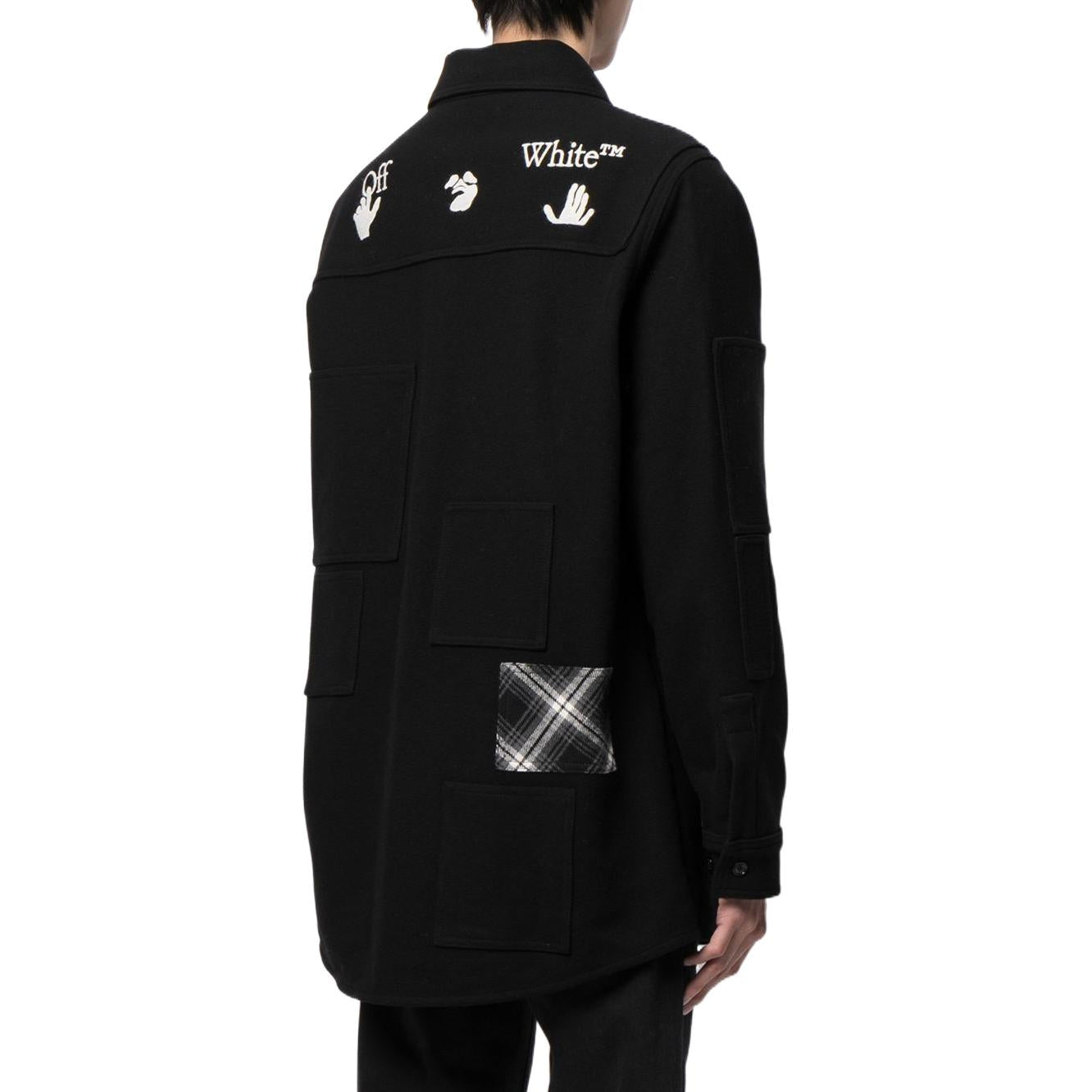 Men's Off-White SS22 Version Logo Printing Plaid Pocket Lapel Jacket Black OMEA227E20FAB0011001