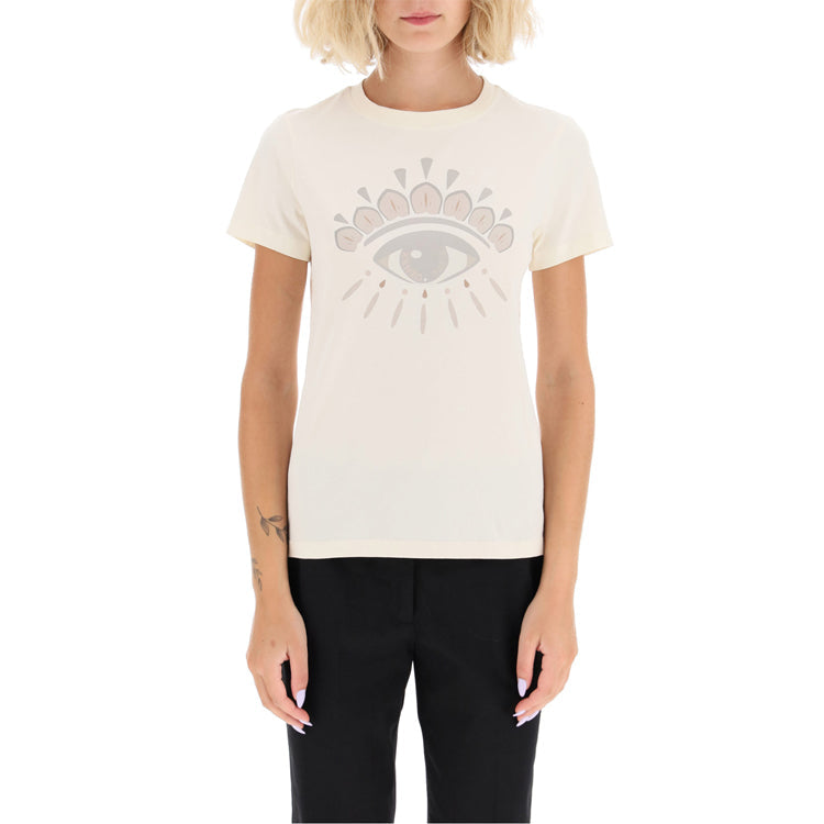 KENZO FW20 Cotton Eye Pattern Round Neck Short Sleeve Cream Yellow T-Shirt FA62TS8454YD-03